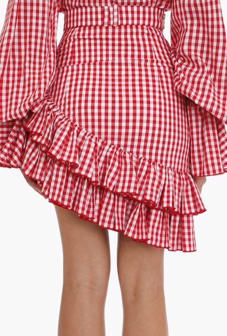 Short red and white gingham print asymmetrical high-waisted skirt - 6