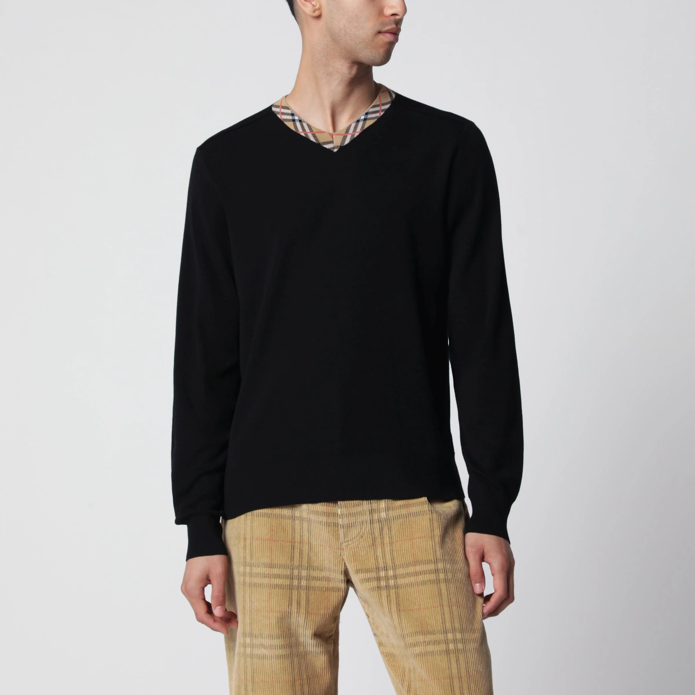 Black wool sweater with Check motif neckline - 1
