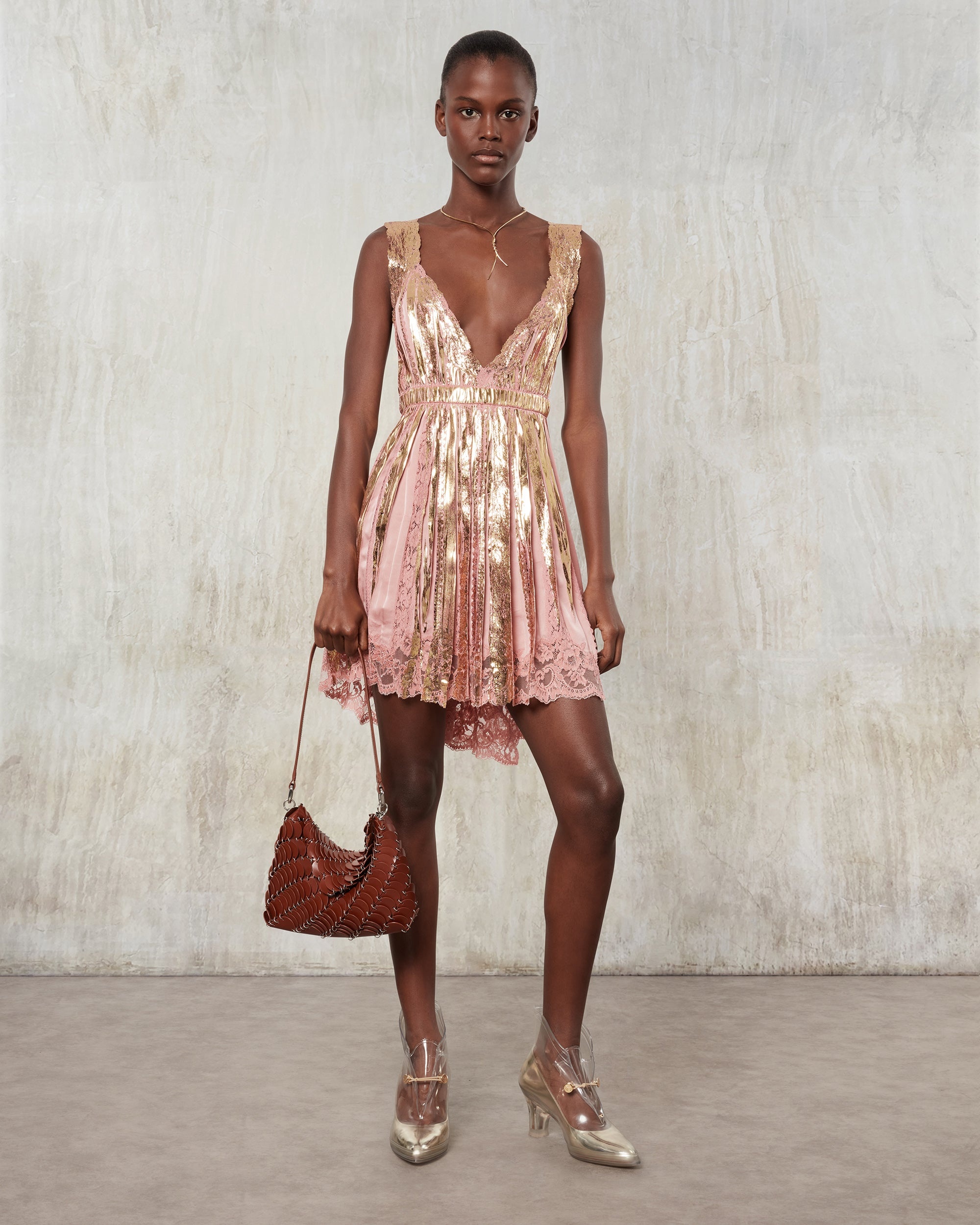 Pleated Foiled and Lace-Trimmed Satin Mini Dress - 3