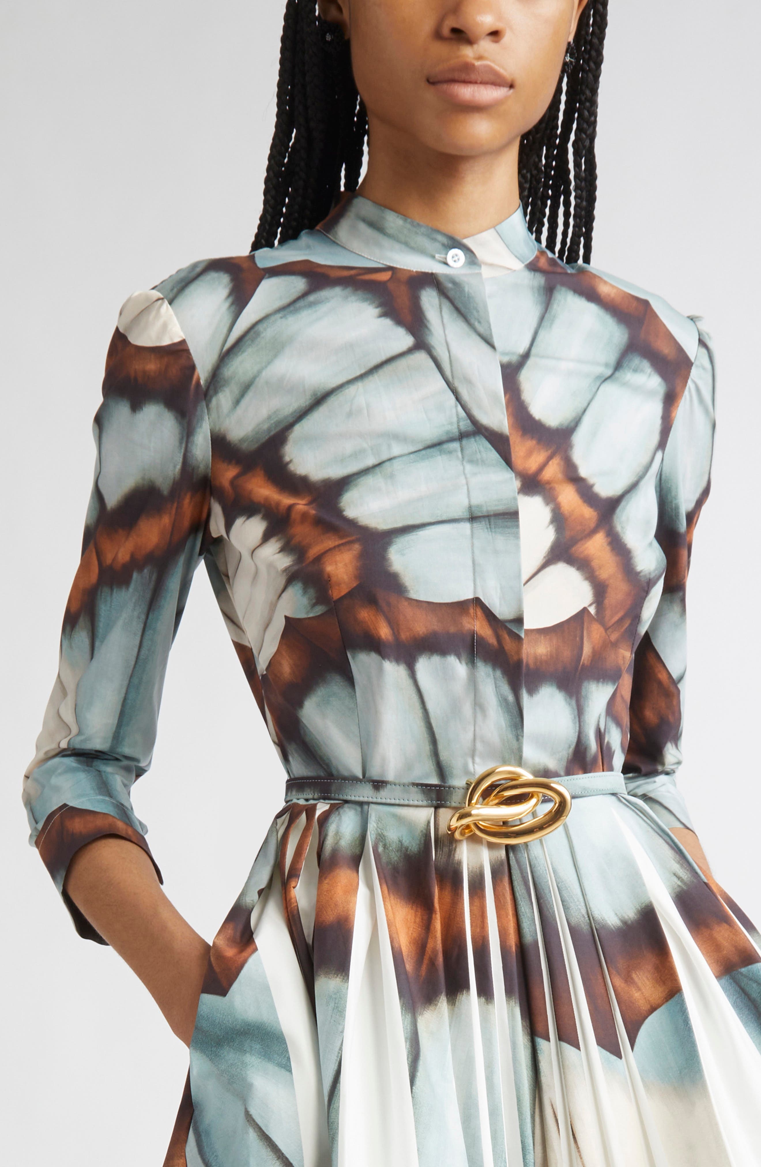 Oscar de la Renta Butterfly Print Belted Stretch Poplin Shirtdress in Blue Multi at Nordstrom - 4