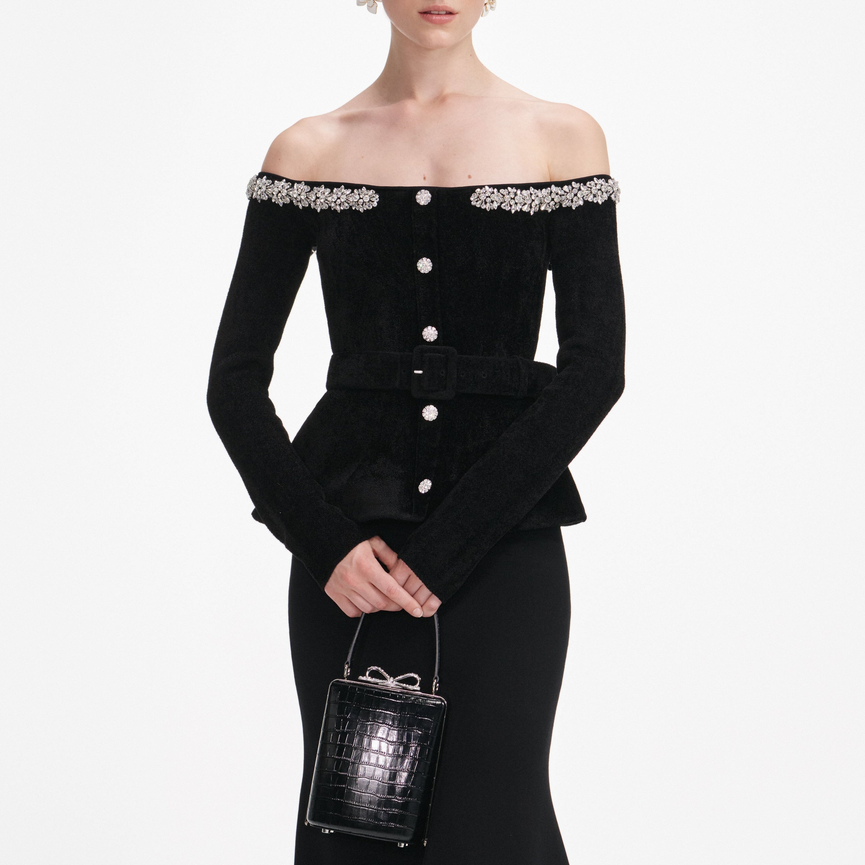 Black Chenille Knit Crystal Trim Midi Dress - 4