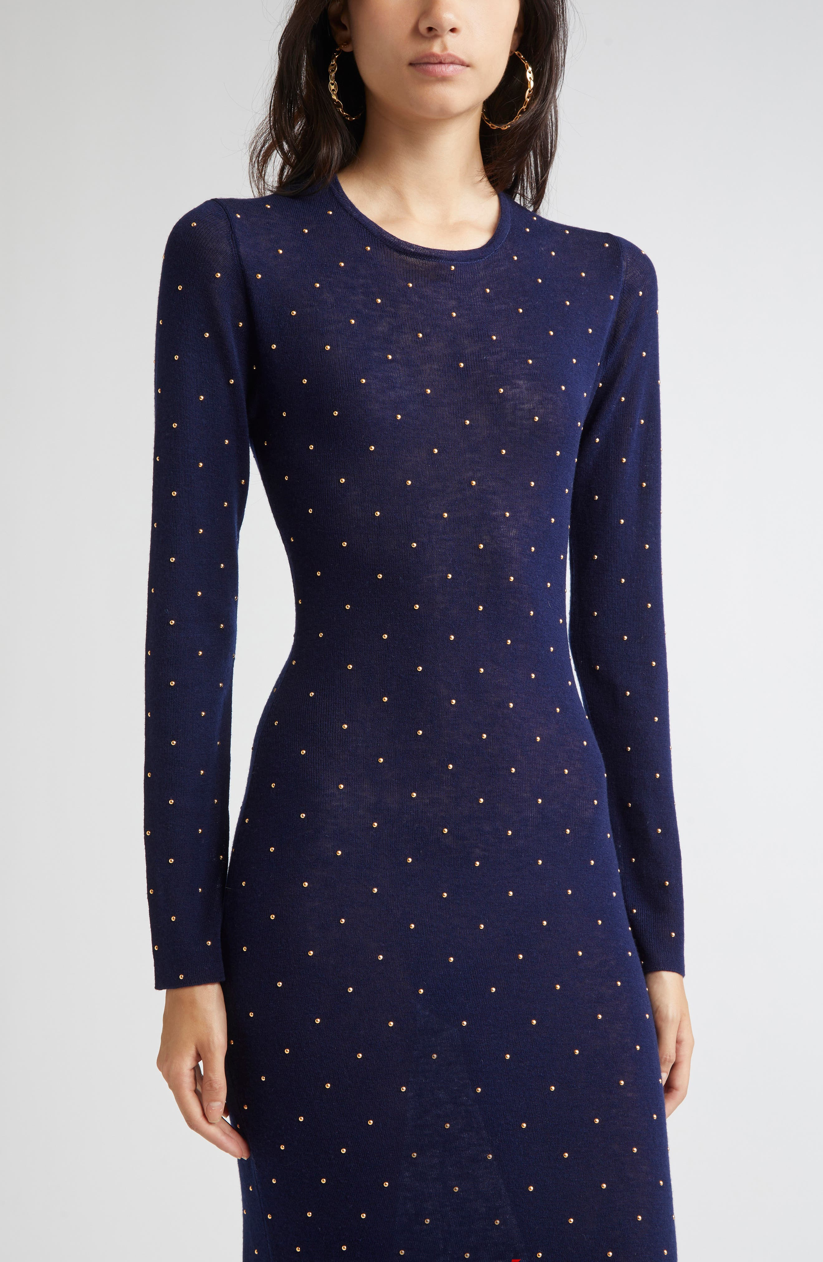 Rabanne Studded Long Sleeve Wool Knit Dress in Blue at Nordstrom - 4