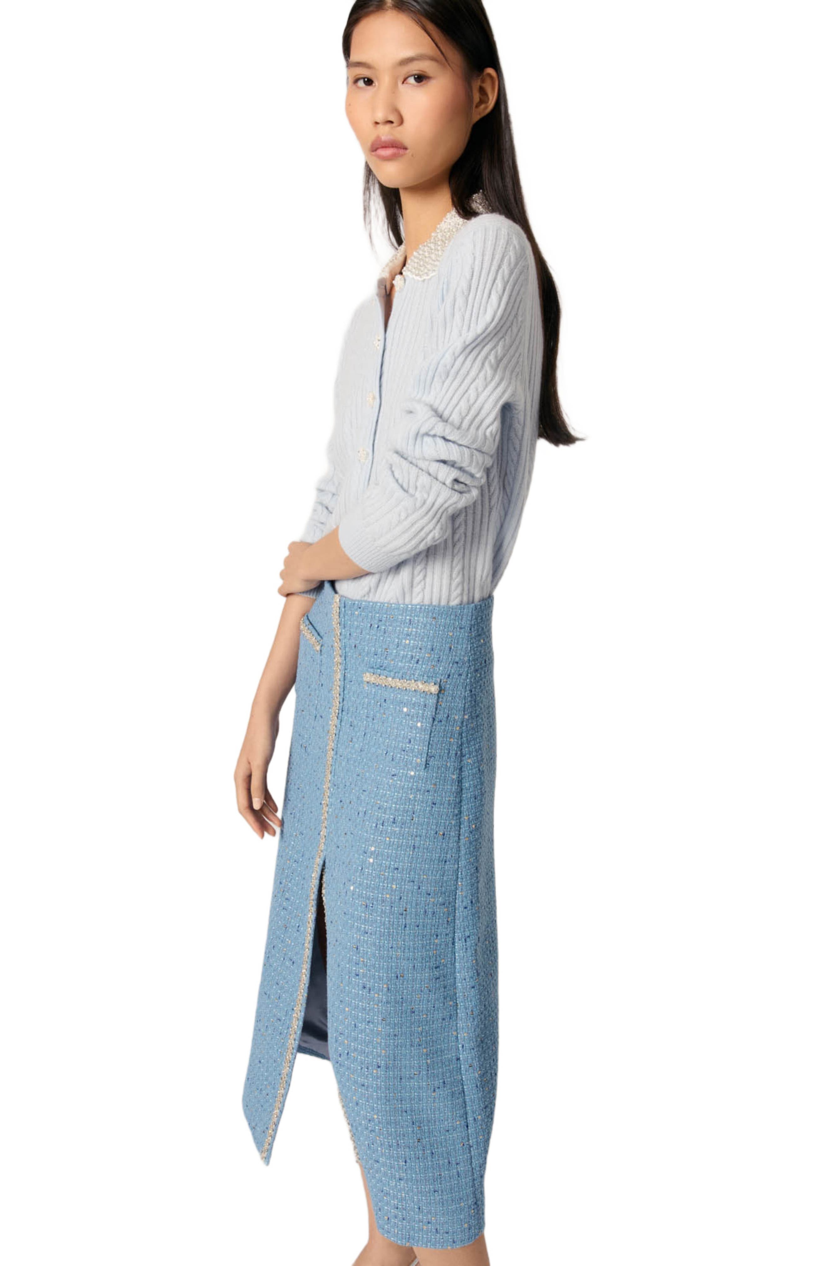 maje Sequin tweed midi skirt in Blue at Nordstrom - 5