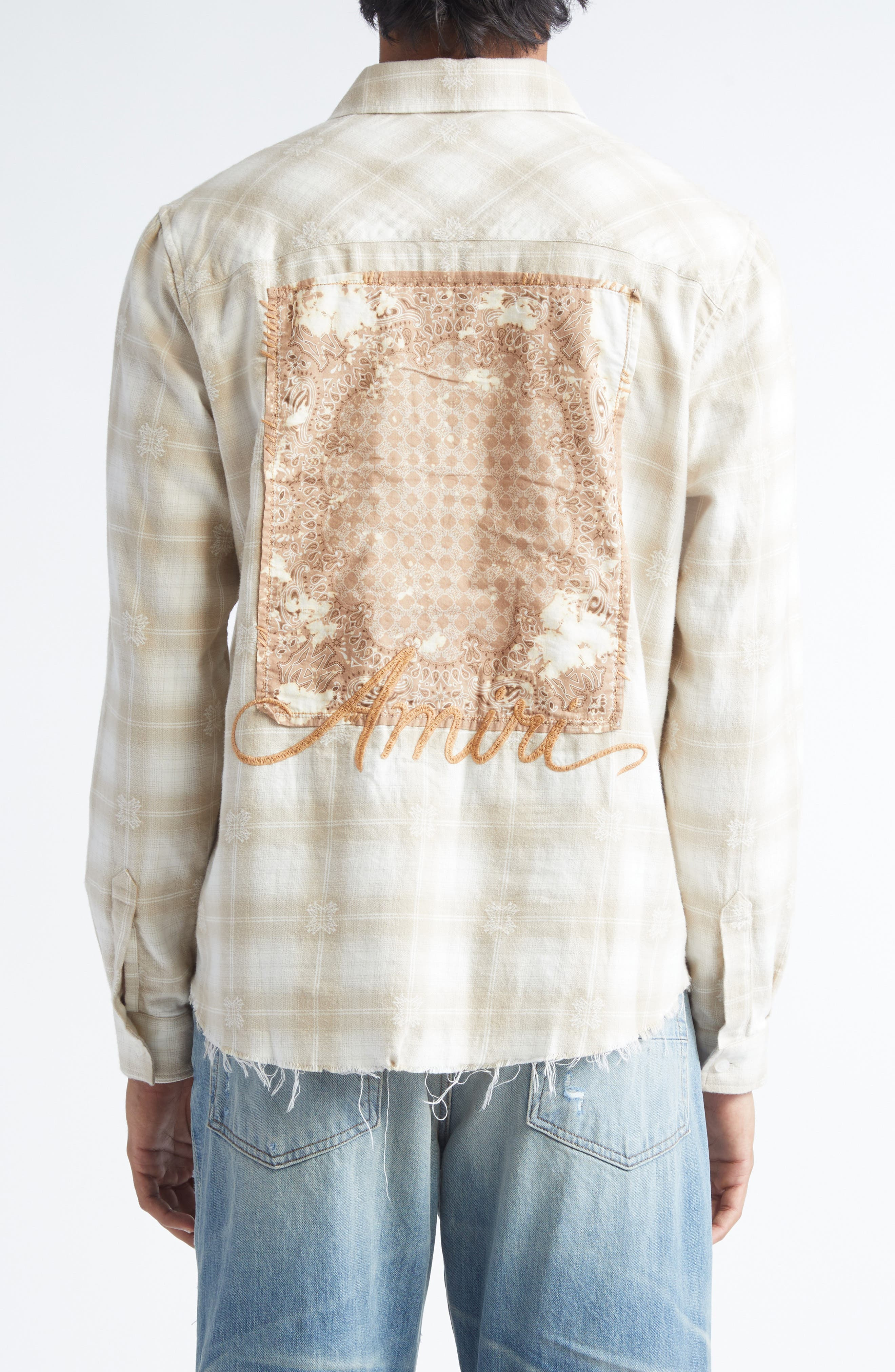 AMIRI Bleach Bandana Patch Flannel Button-Up Shirt in Light Camel at Nordstrom - 2