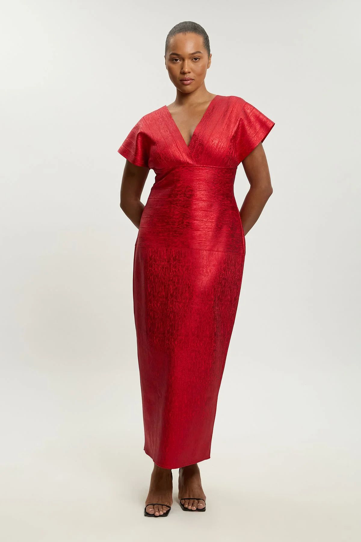 Plus Size Foil Metallic Figure Form Angel Sleeve Knit Maxi Dress - 1