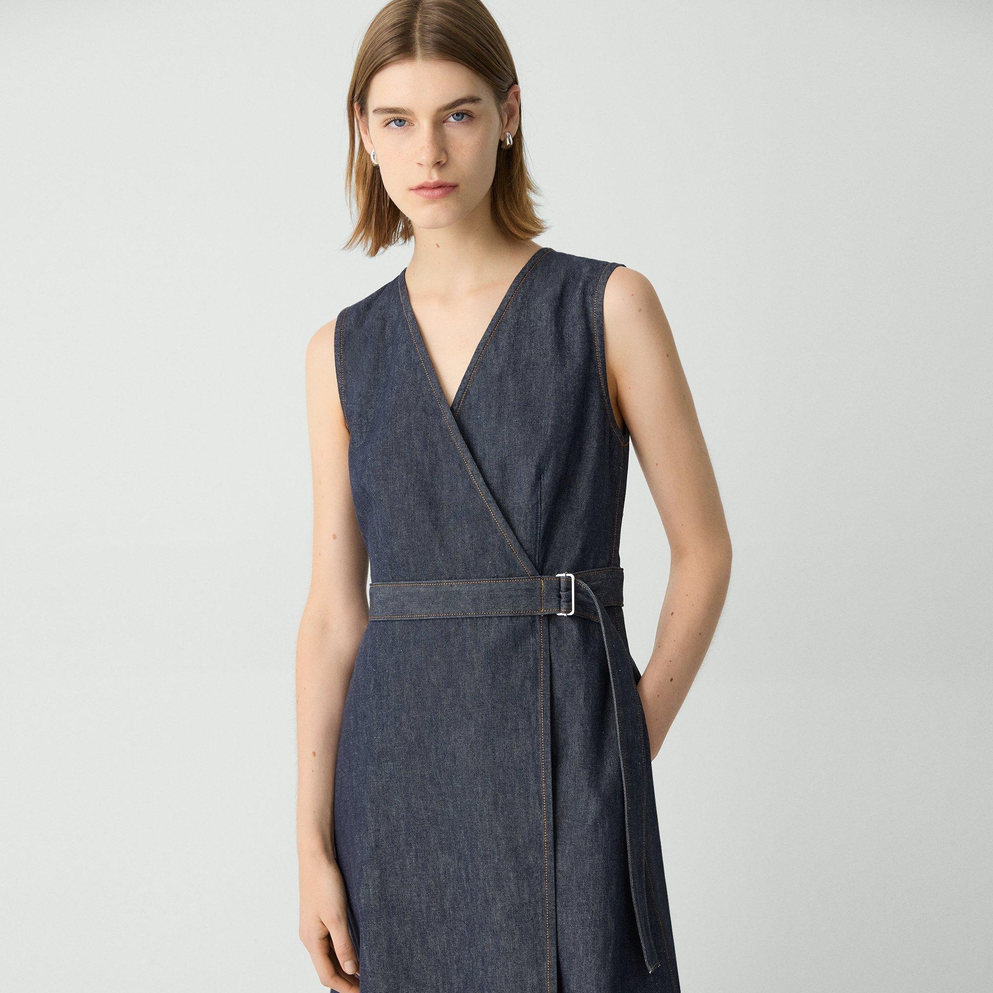 Sleeveless A-Line Wrap Dress in Denim - 5