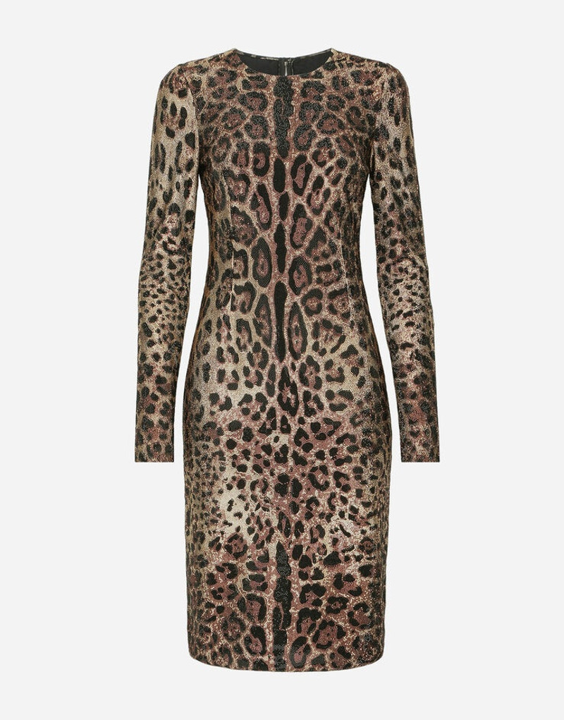 Leopard-print jersey midi dress with fusible rhinestones - 1