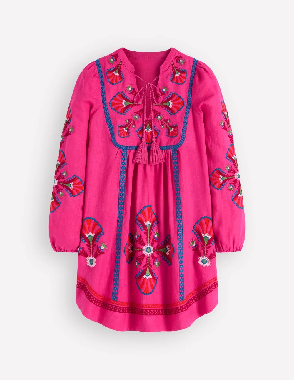 Pia Linen Blend Yoke Dress-Pink Embroidery - 1