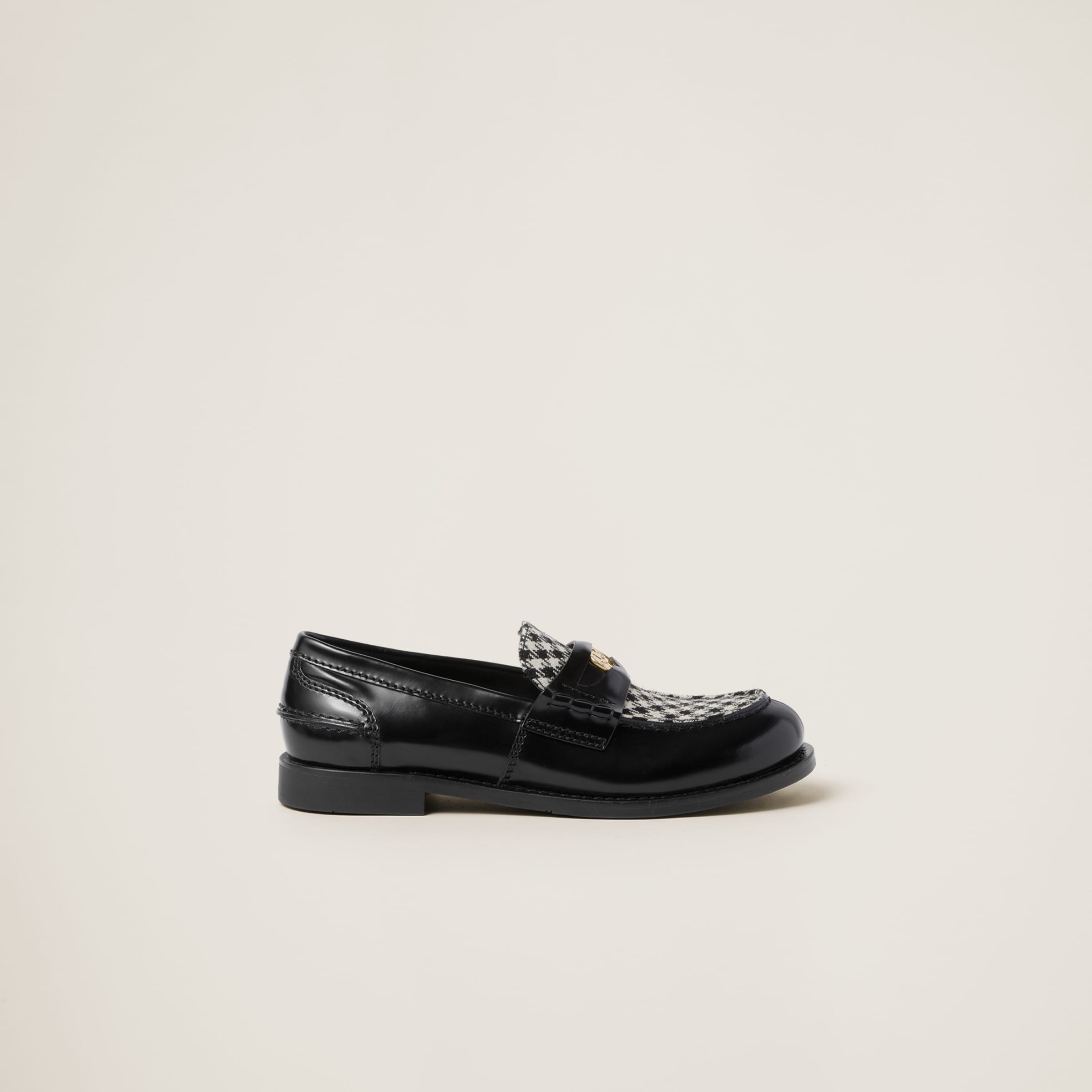 Brushed leather and gingham check fabric loafers - 2