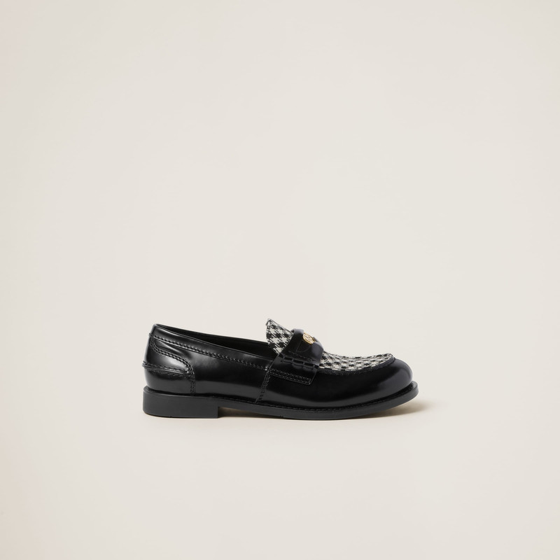 Miu Miu Brushed leather and gingham check fabric loafers outlook
