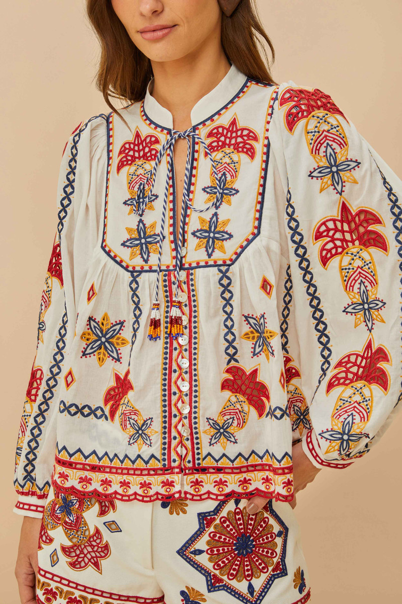 FARM RIO Off-White Marys Tiles Embroidered Blouse outlook