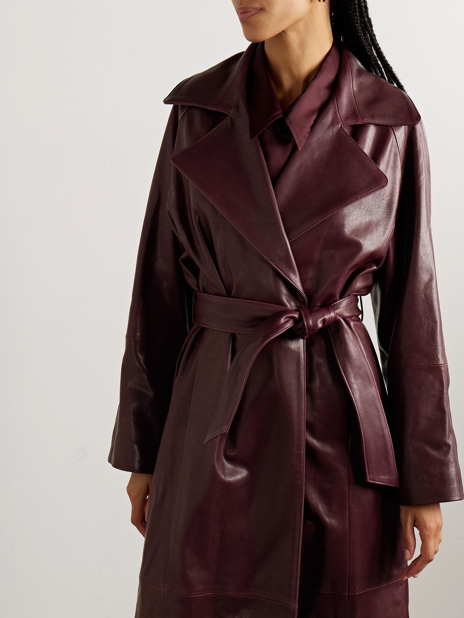 Briona belted shearling-trimmed leather coat Plum - 5