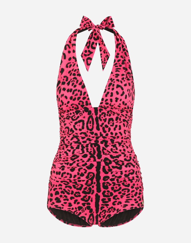 Neon leopard-print one-piece swimsuit with draping - 1