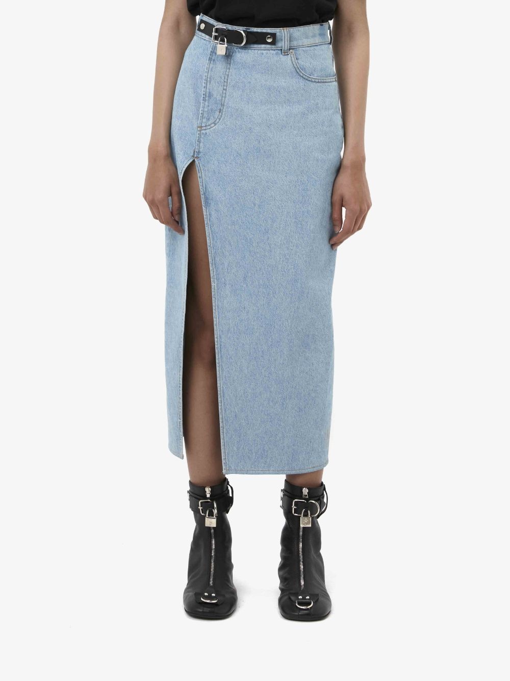 PADLOCK STRAP LONG SLIT DENIM SKIRT - 2