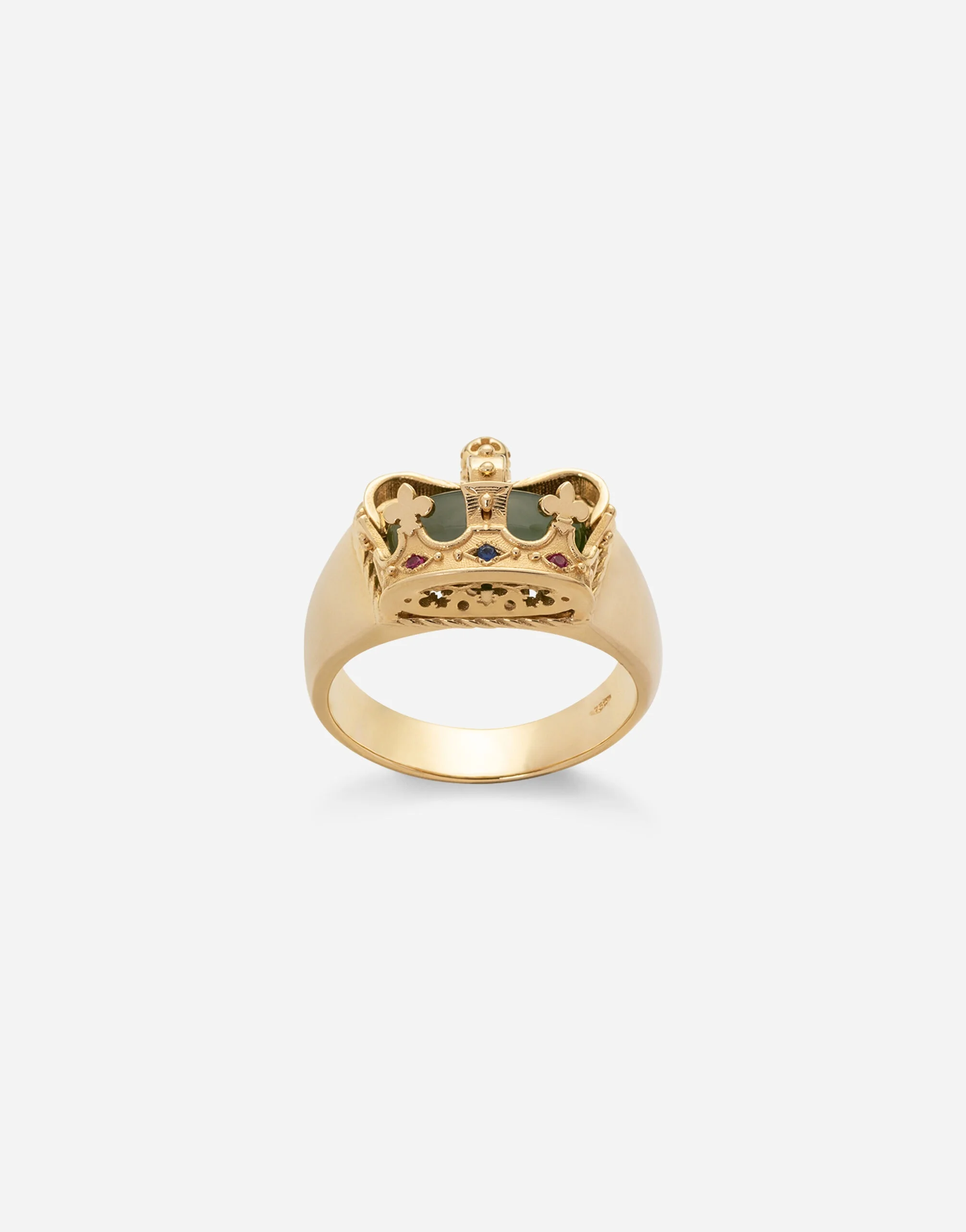 Crown yellow gold ring with green jade on the inside - 1