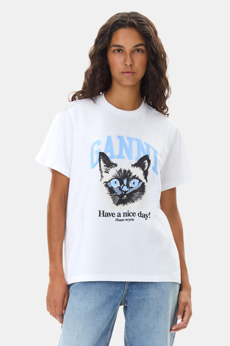 GANNI WHITE BASIC JERSEY CAT RELAXED T-SHIRT outlook