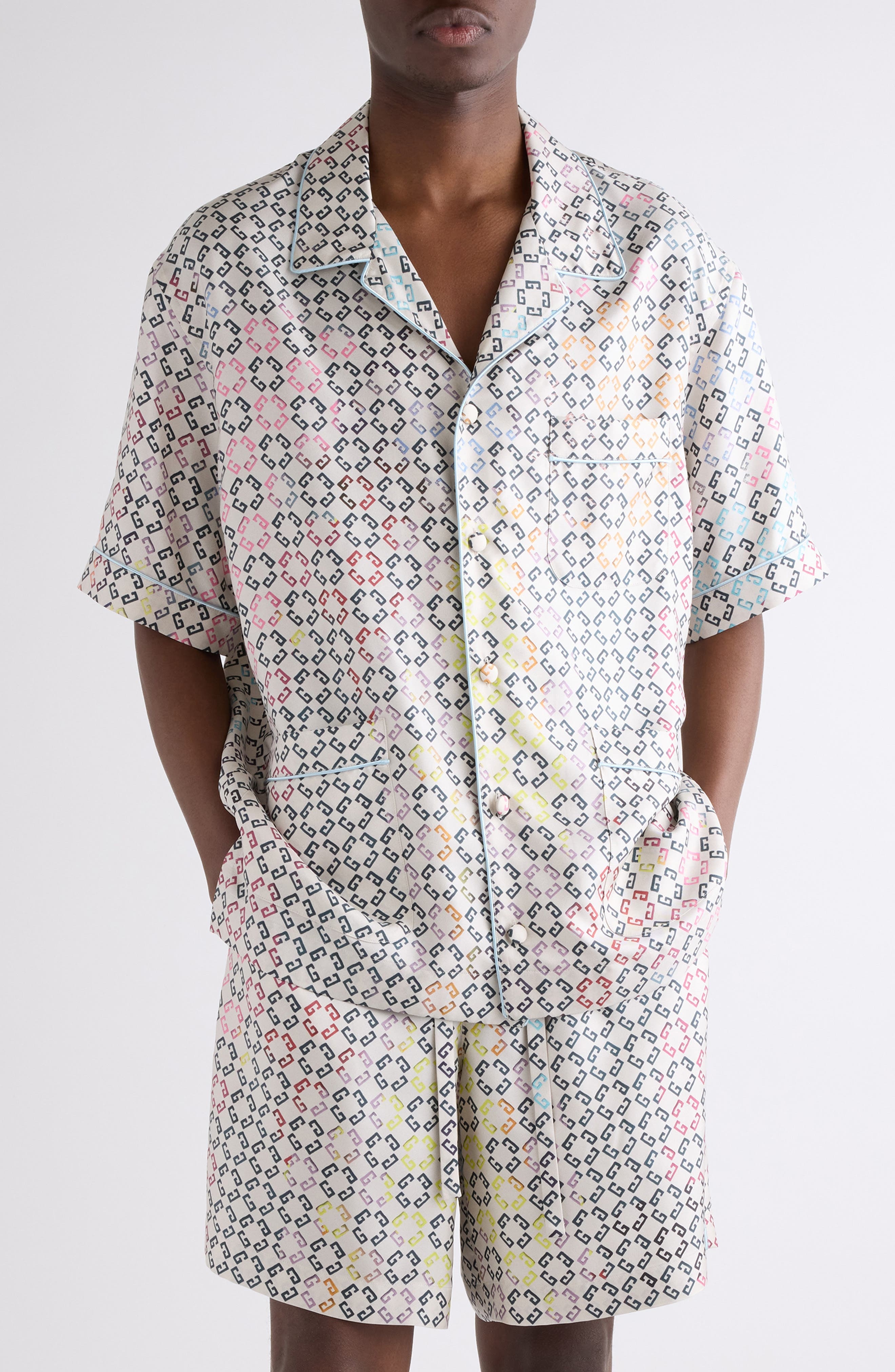 Givenchy Monogram 72 Print Short Sleeve Silk Pajama Shirt in White Multicolored at Nordstrom - 1