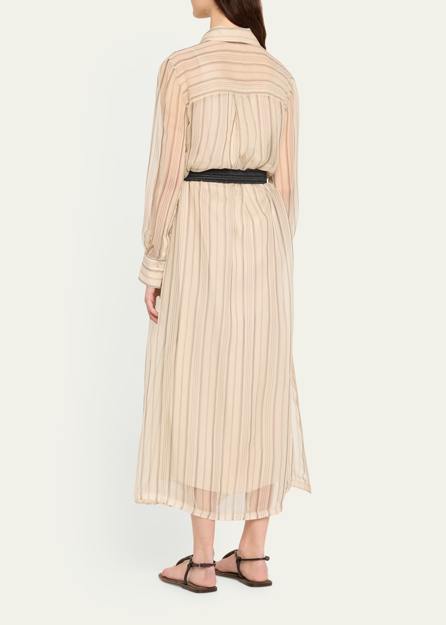 Striped Chiffon Maxi Shirtdress With Monili-Trim Raffia Belt - 3