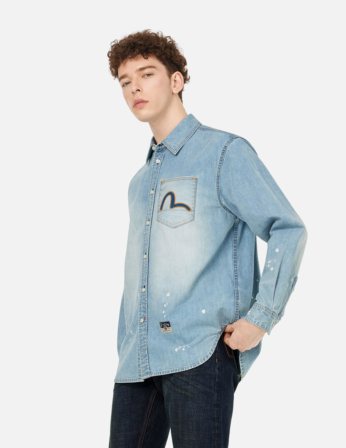 Inserted Seagull Embroidery Relax Fit Denim Shirt - 11