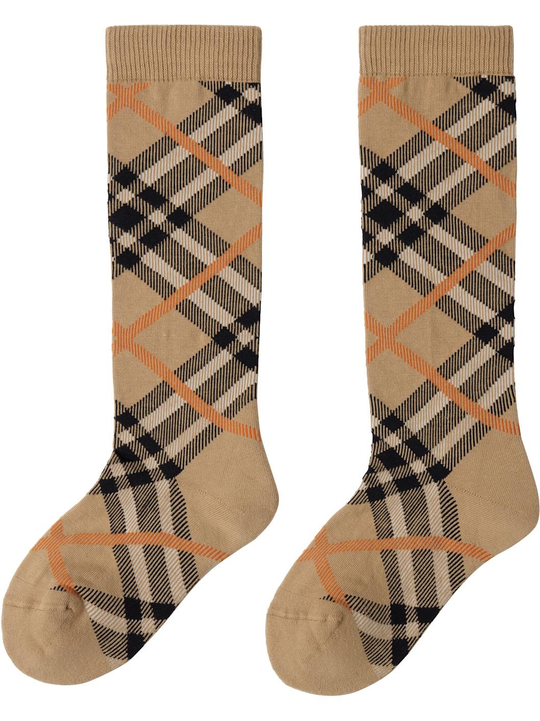 Beige Check Cotton Blend Socks - 2