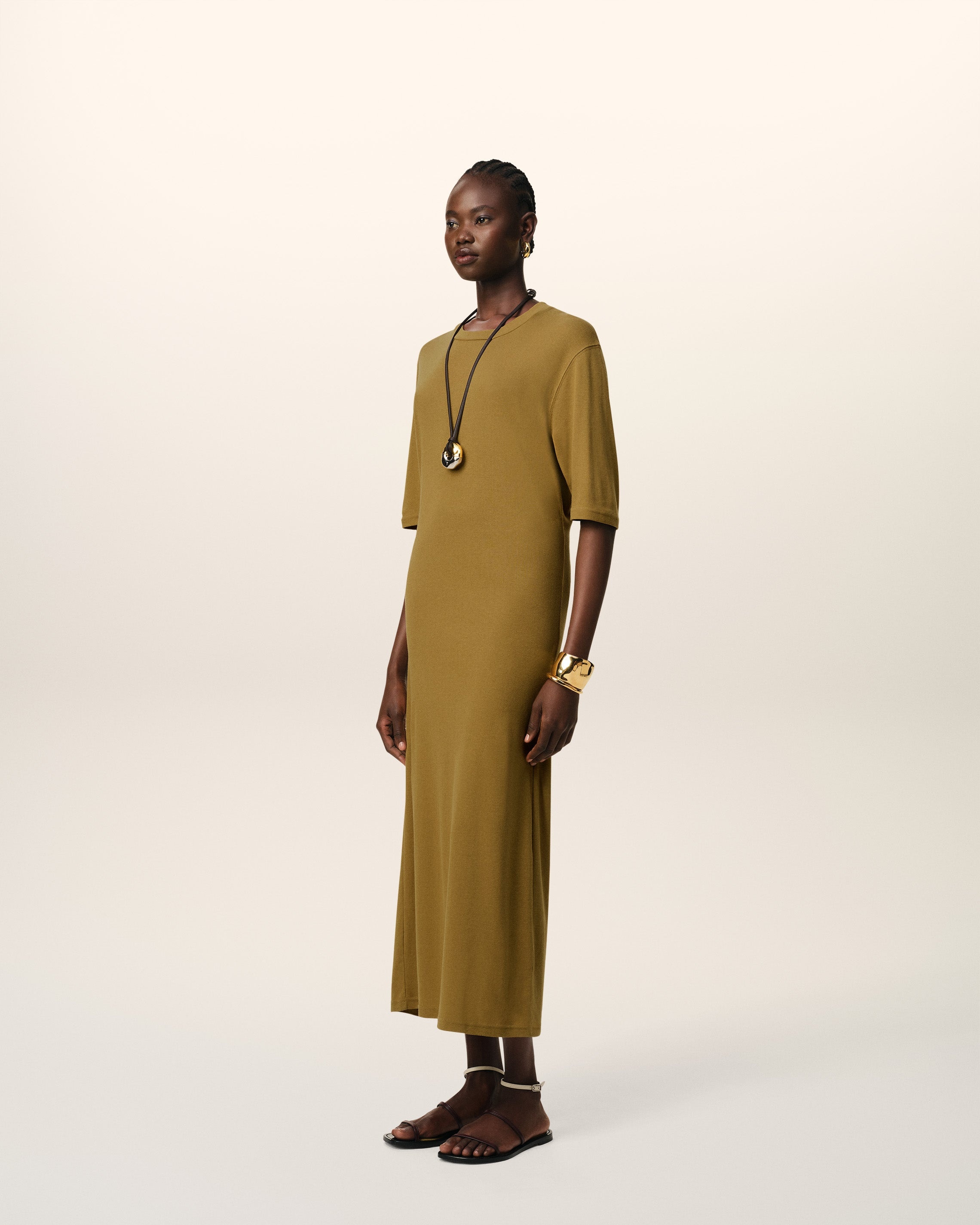 MUSTARD COTTON SHORT SLEEVE MIDI DRESS - 6