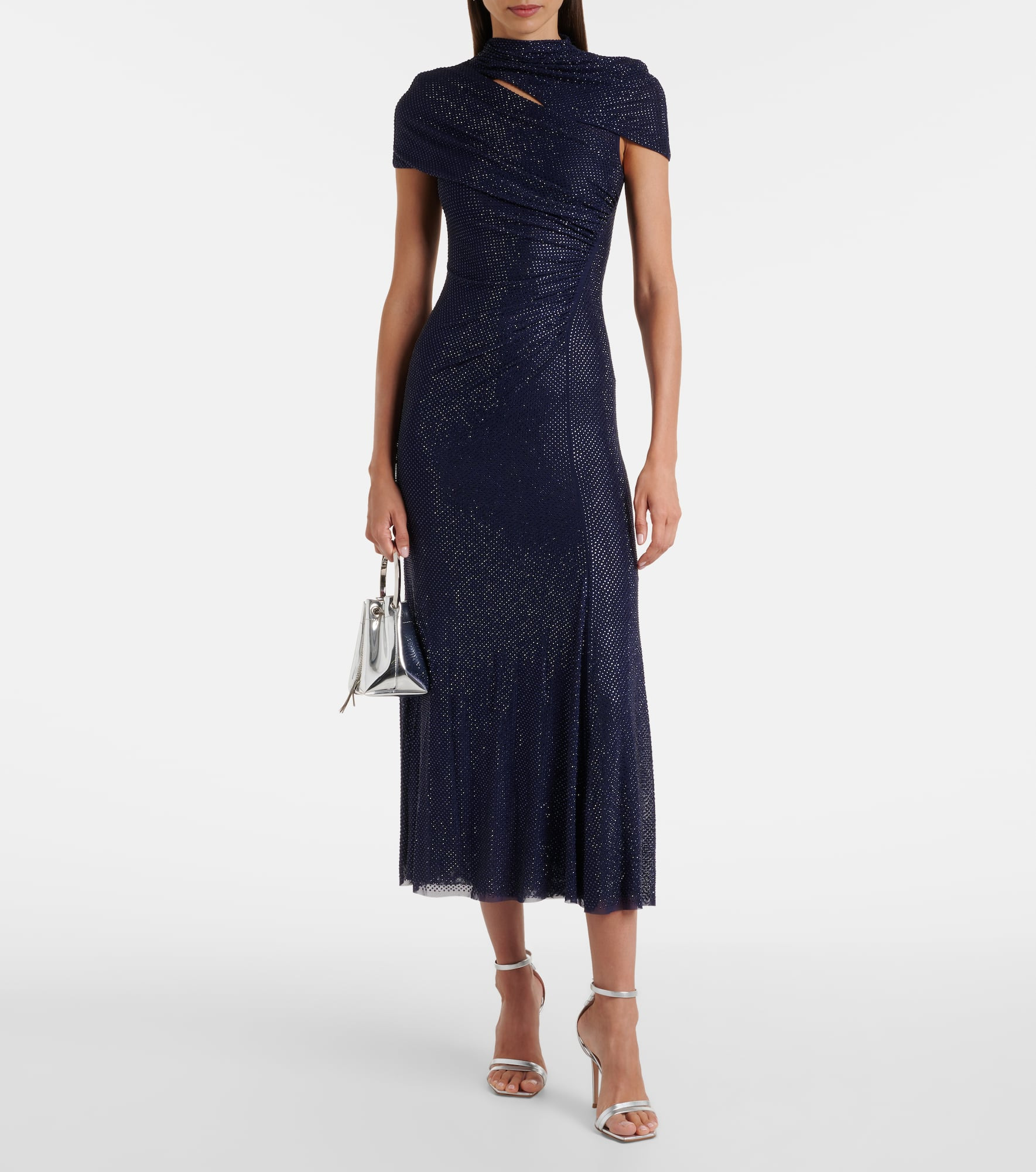 Draped rhinestone mesh midi dress - 2