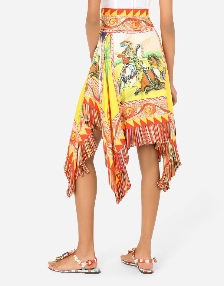 Short Carretto-print twill skirt with fringing - 5