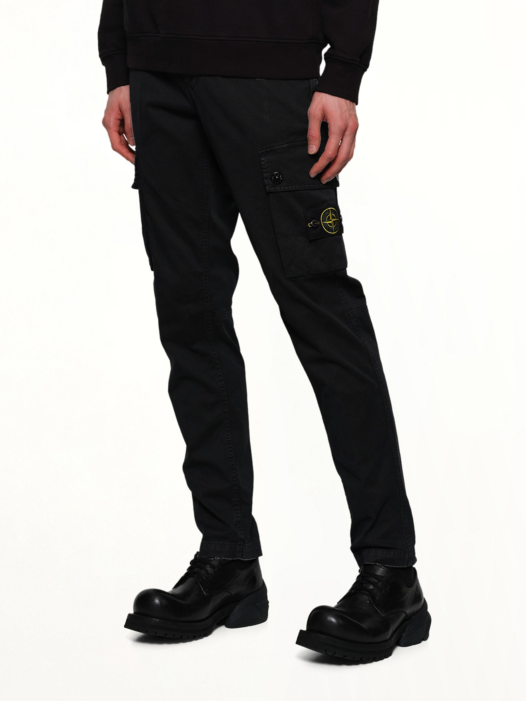 3100034 Stretch Organic Broken Twill Cotton 'Old' Effect Cargo Pants in Black - 6