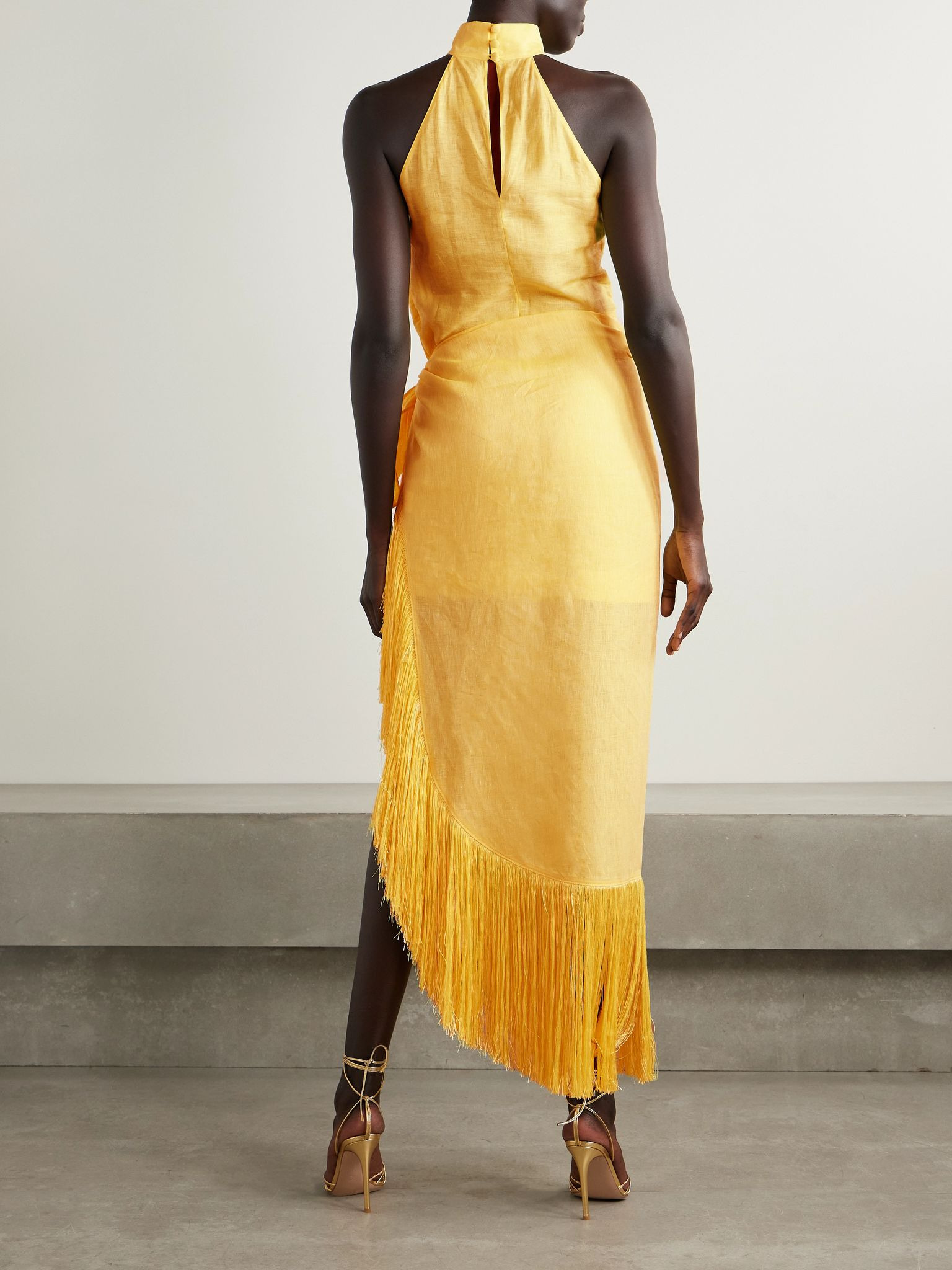 Athena wrap-effect fringed linen midi dress Yellow - 3