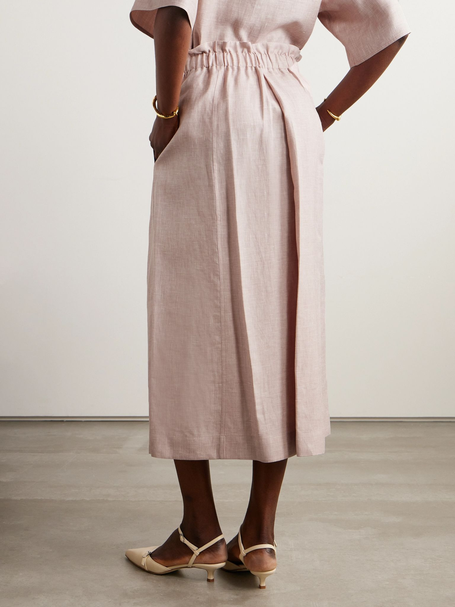 Belted linen, wool and silk-blend midi skirt Pink - 4