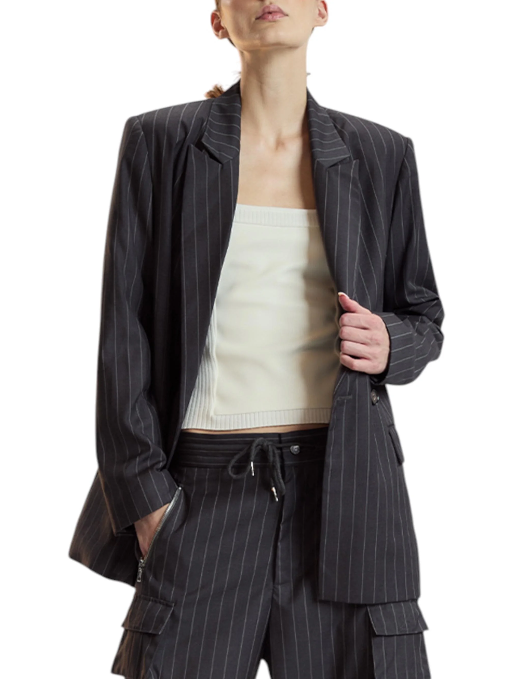 Women's Pinstriped Oversized Blazer - Heather Grey - 1