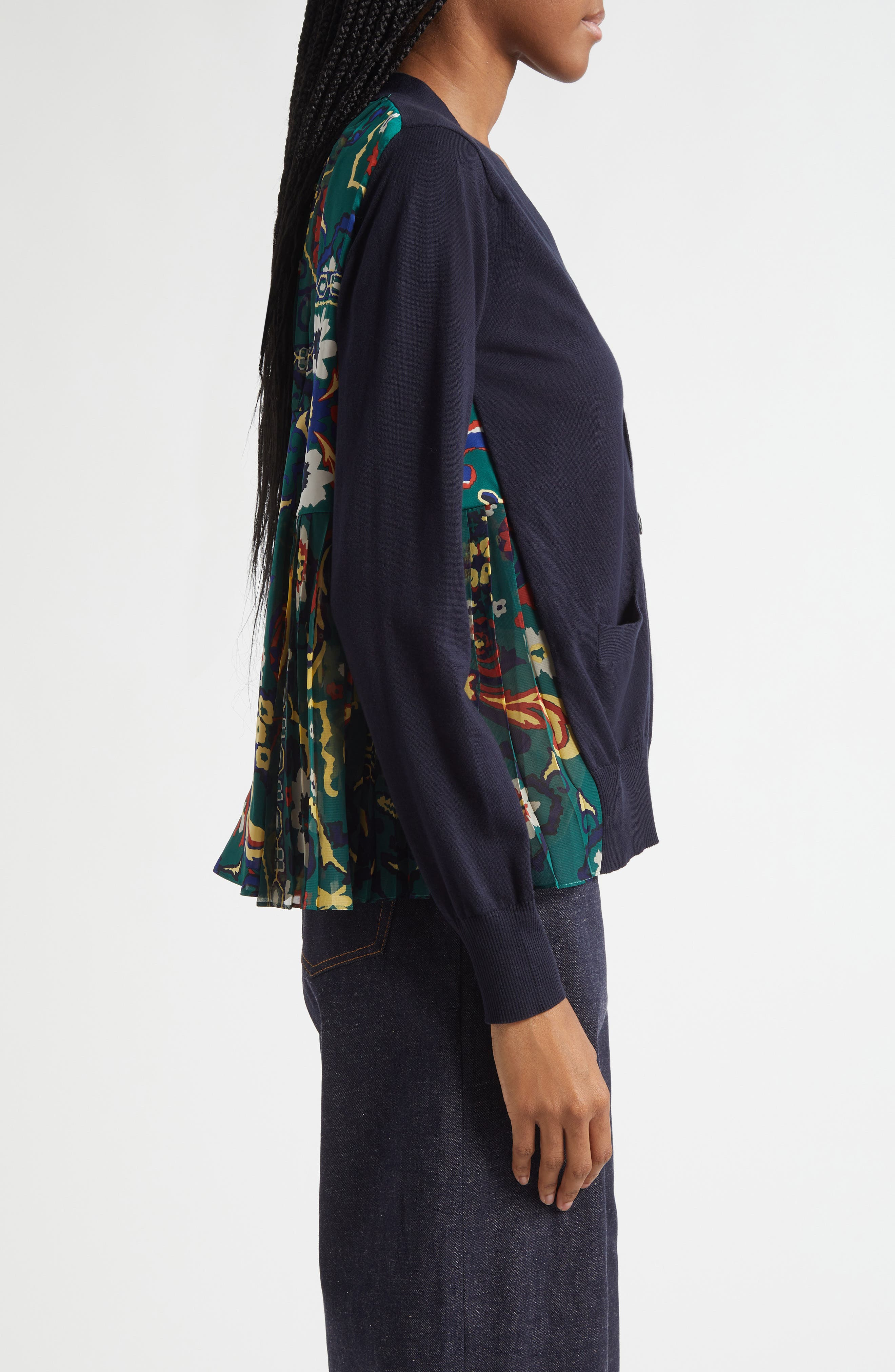 Sacai Floral Panel Mixed Media Cardigan in Navy/Green at Nordstrom - 4
