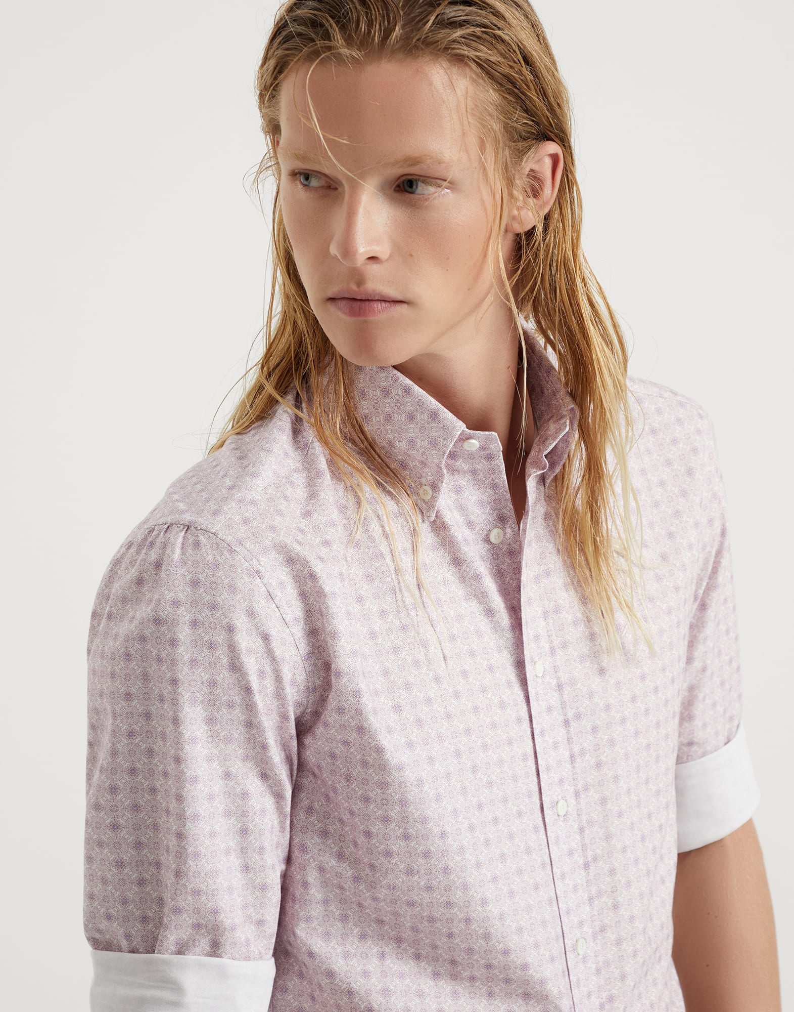 Cotton slim fit shirt with geometric pattern and button-down collar - 3