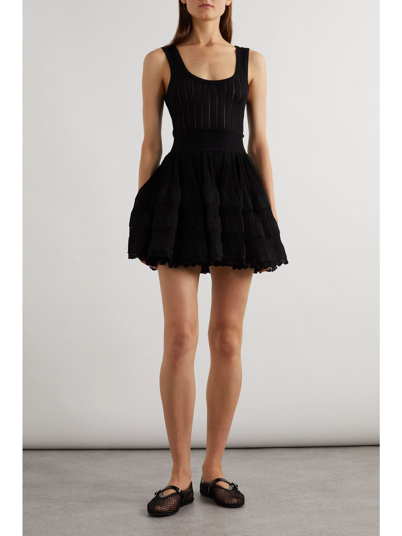 Ribbed pointelle-knit mini dress Black - 2