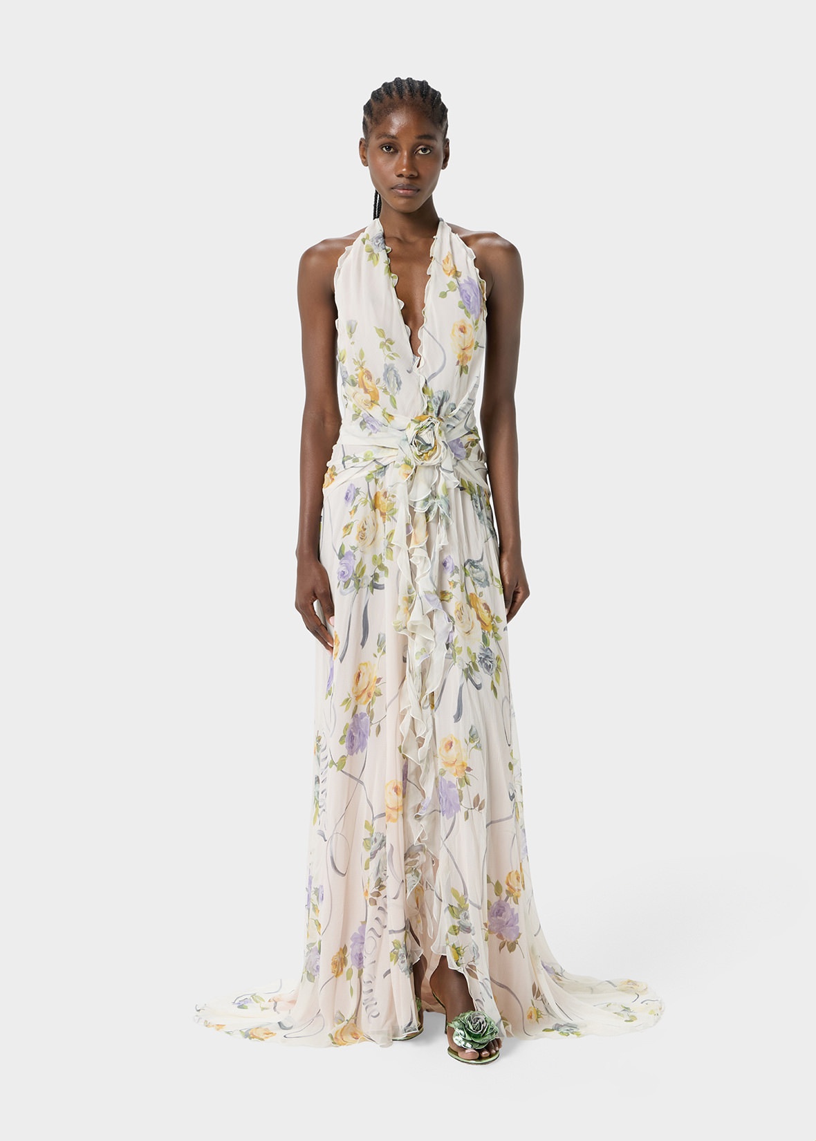 RUFFLED LONG DRESS IN PRINTED CREPONNE WITH ROSE DECORATION - 2