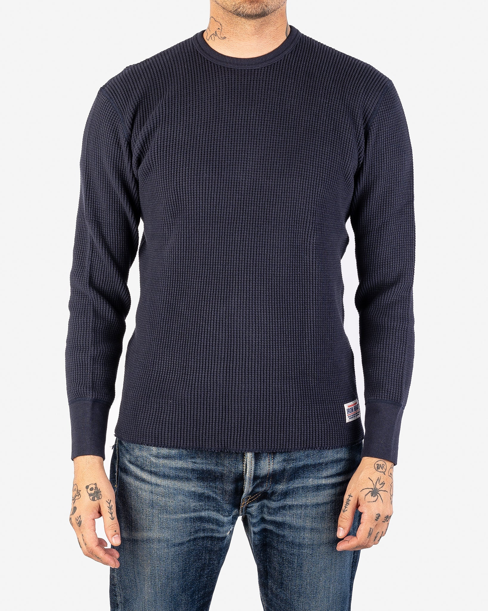 IHTL-1301-NAV Waffle Knit Long Sleeved Crew Neck Thermal Top - Navy - 2
