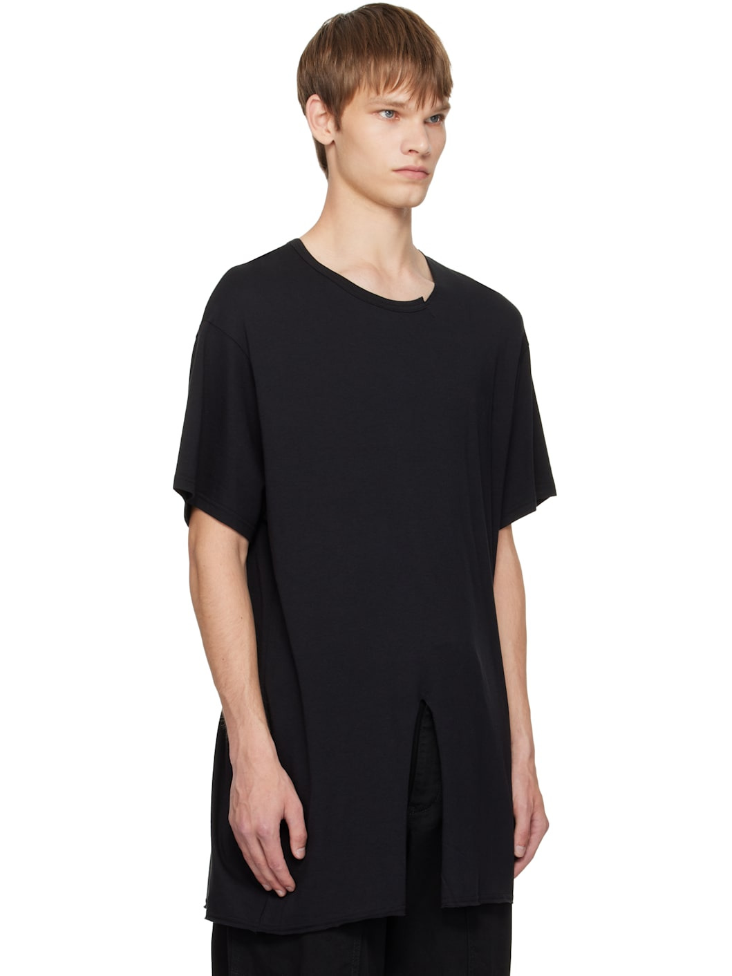 Black Single Jersey Slit Round Neck T-shirt - 2