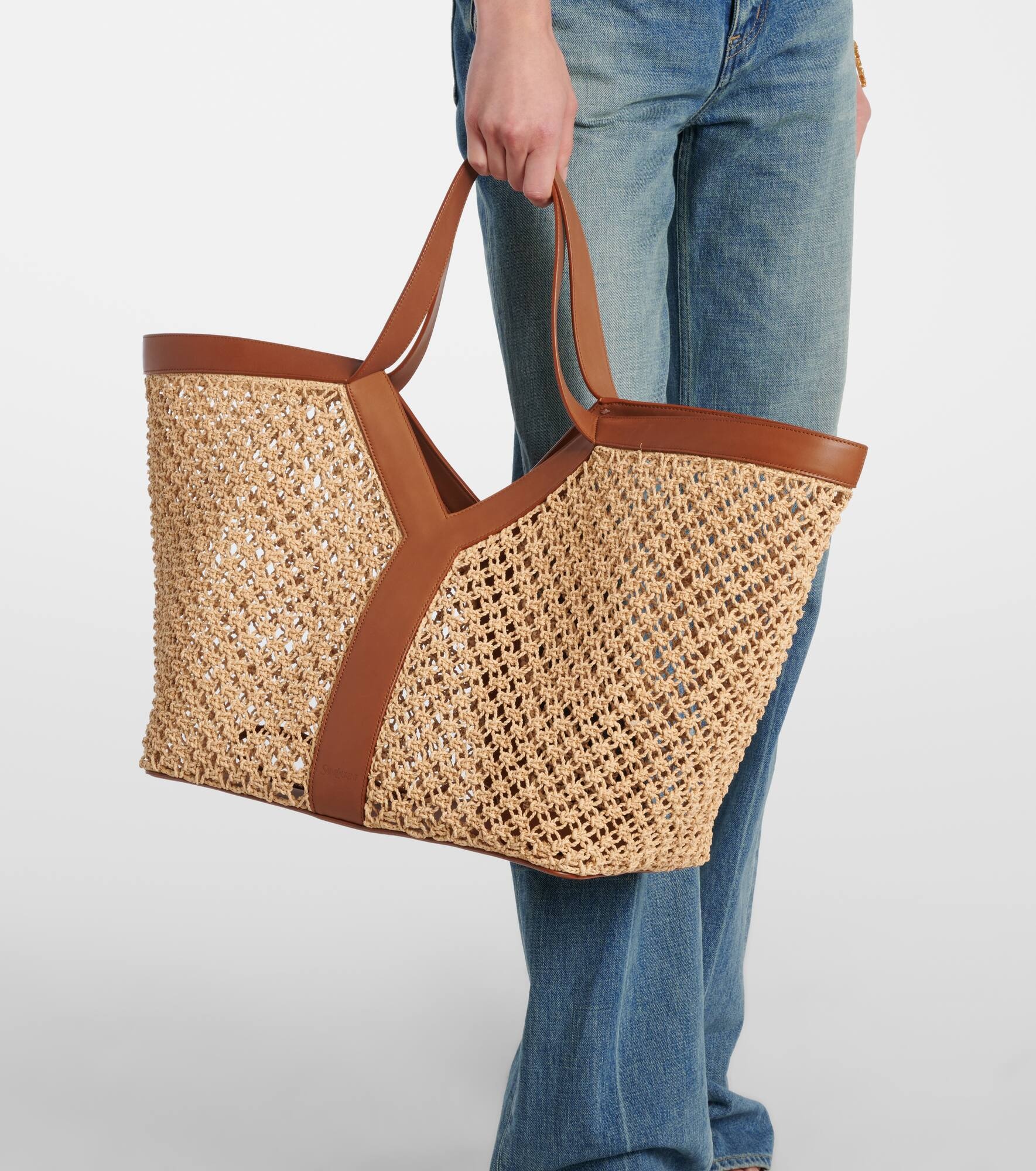 Y leather-trimmed raffia shopper - 2