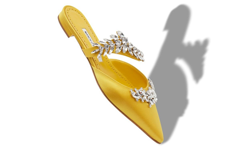 Manolo Blahnik Yellow Satin Crystal Embellished Flat Mules outlook