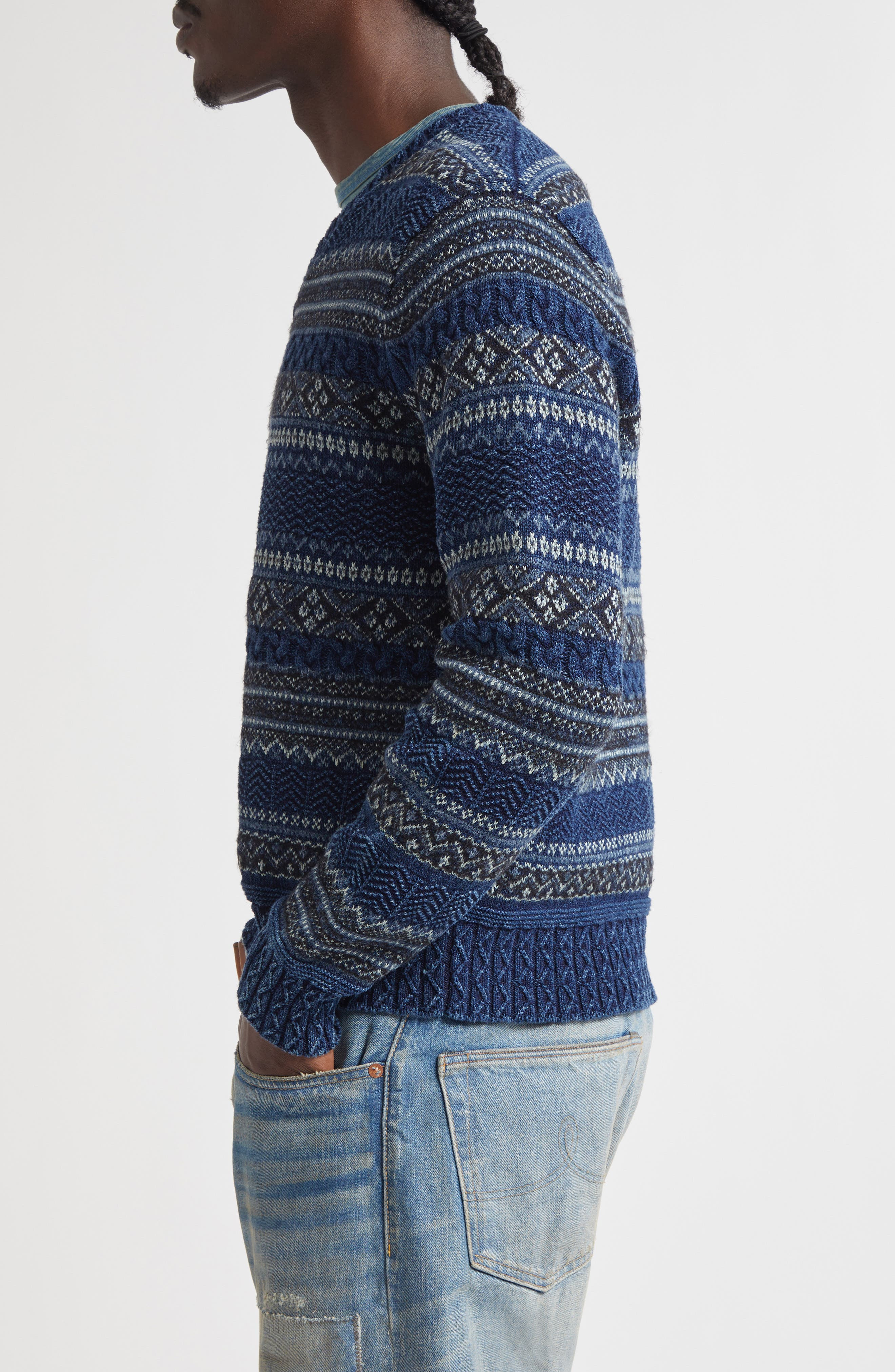 Double RL Indigo Stripe Cotton & Linen V-Neck Sweater in Indigo Multi at Nordstrom - 4