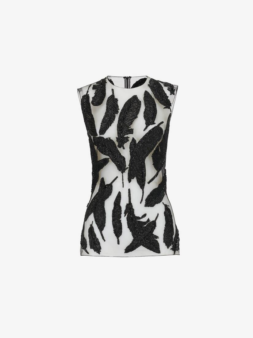 Women's Feather Embroidery Sleeveless Top in Black - 2