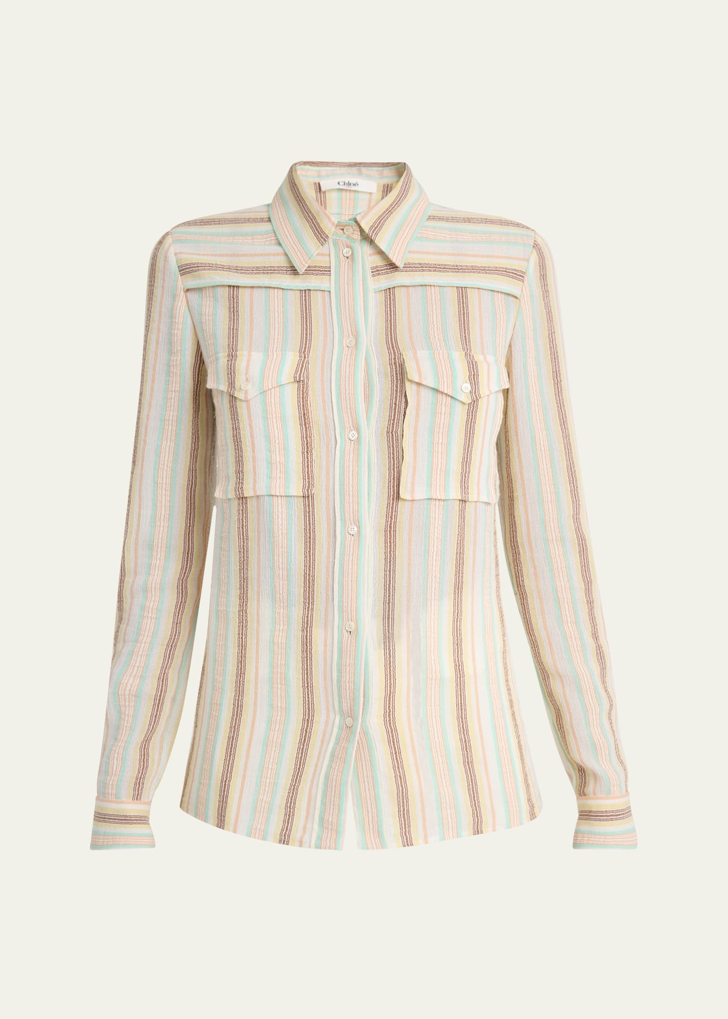 Button-Down Striped Crepon Cotton Blouse - 1
