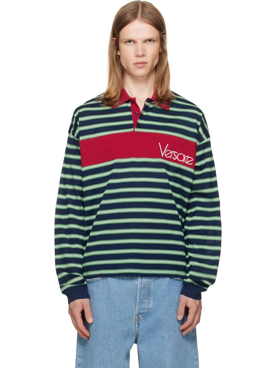 Blue & Green Embroidered-Logo Striped-Intarsia Cotton Polo - 1