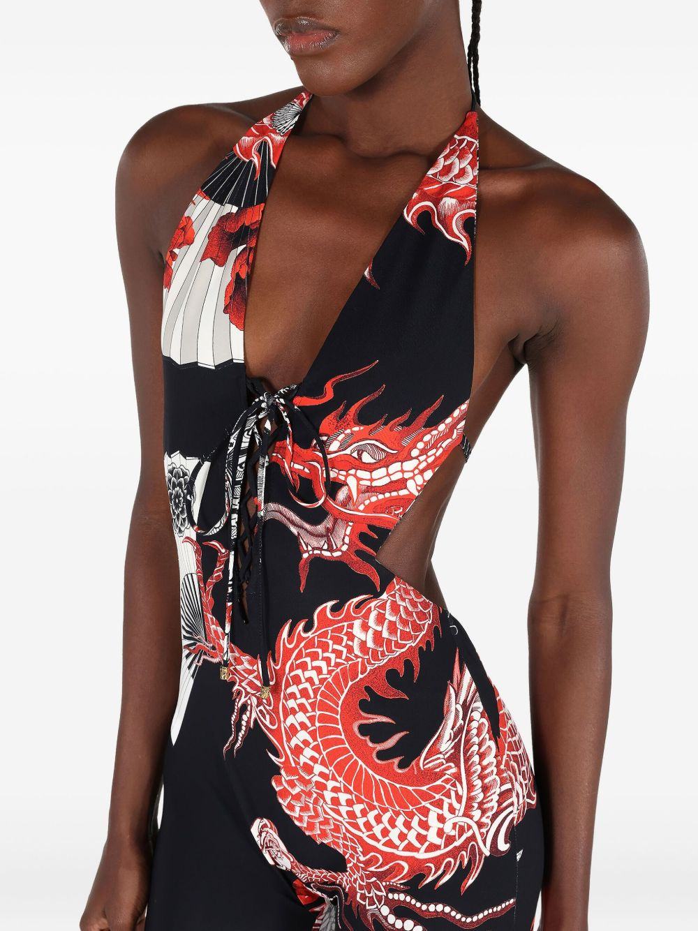 dragon-print lace-up jumpsuit - 6