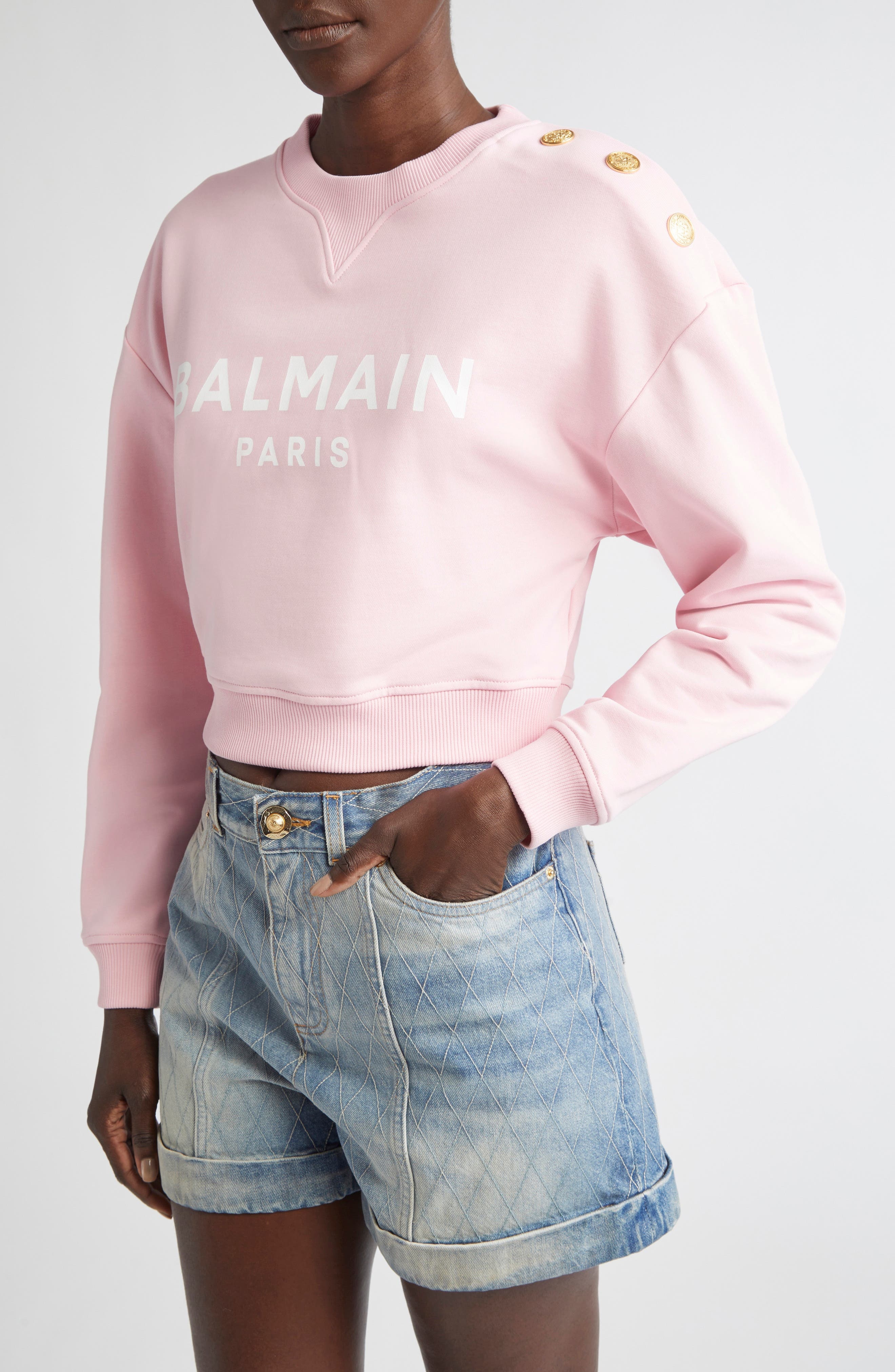 Balmain Crop Logo Graphic Sweatshirt in Pink Mini Check at Nordstrom - 1