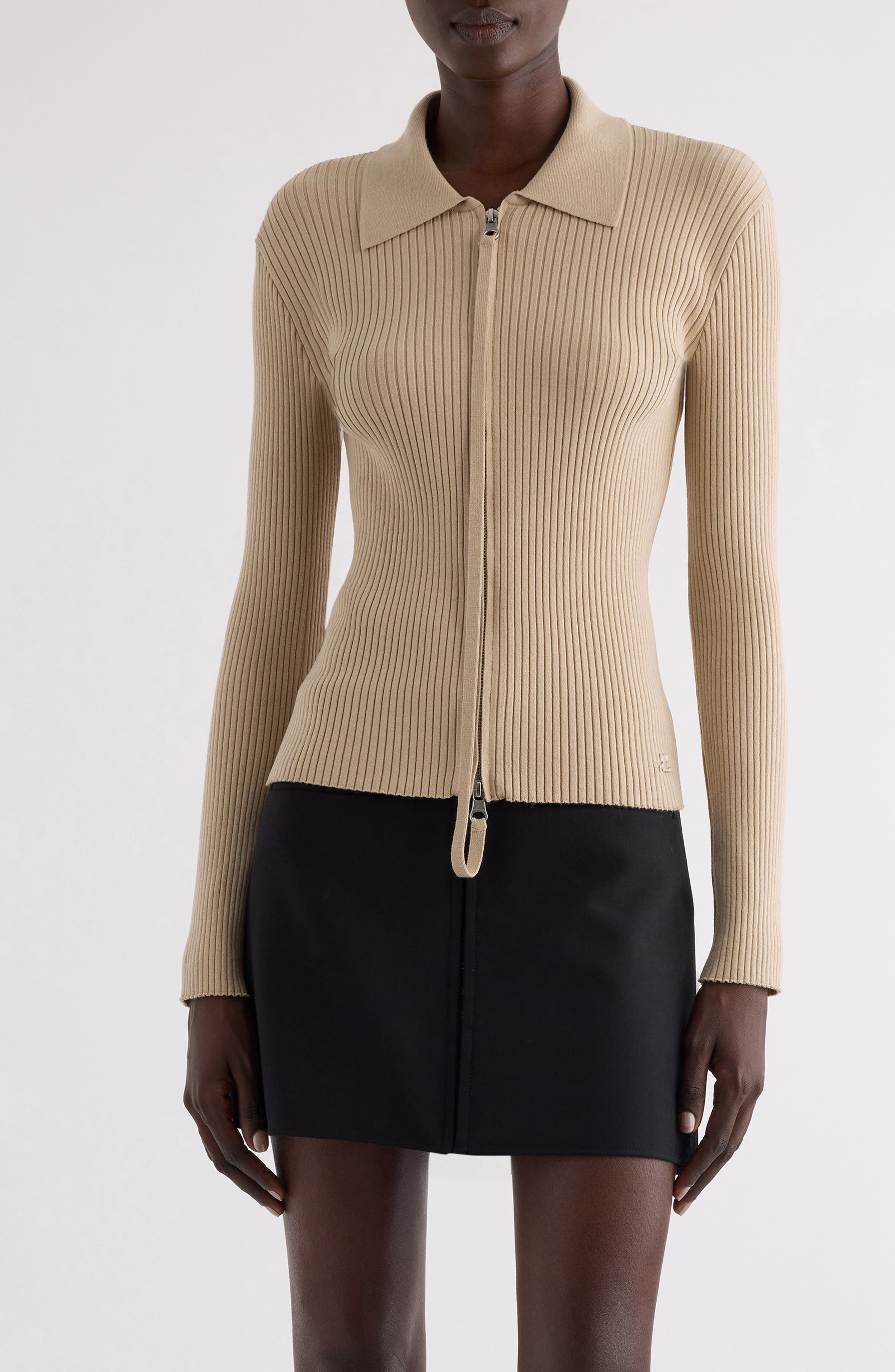 Courrèges Rib Double Zip Cardigan in Dark Sand at Nordstrom - 1
