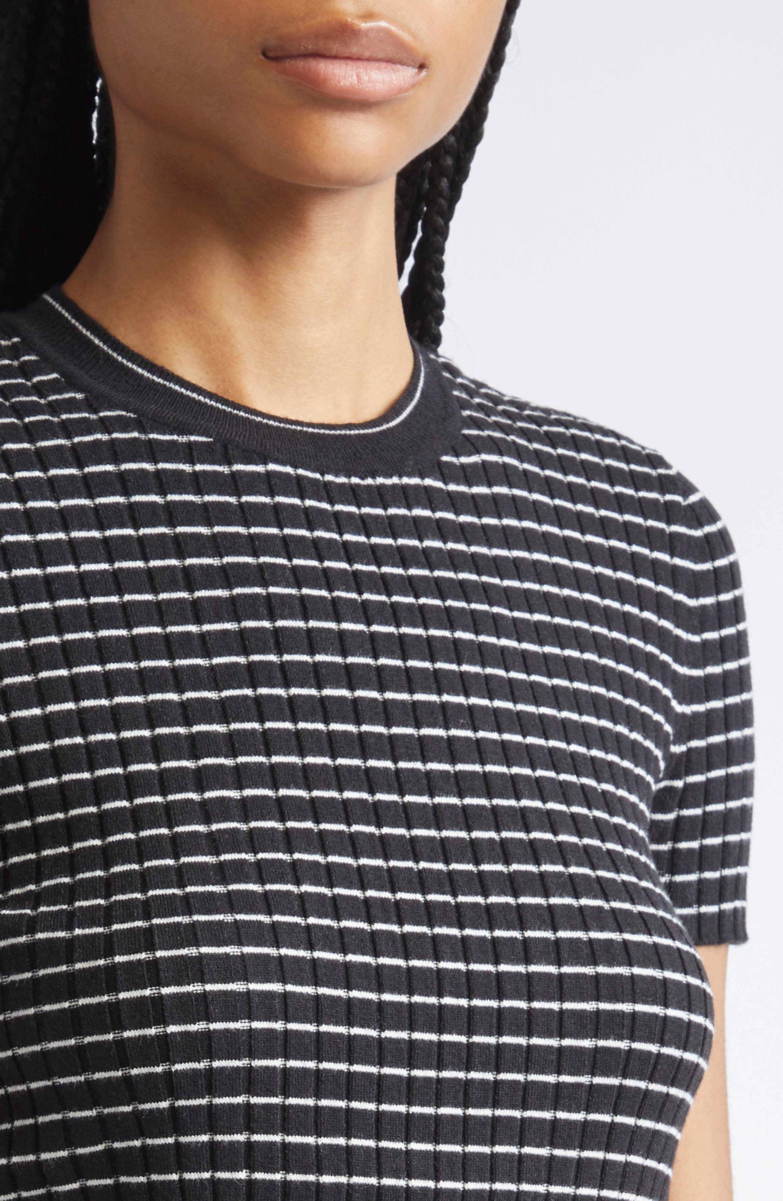 Emporio Armani Stripe Rib Crewneck Top in Solid Black at Nordstrom - 4
