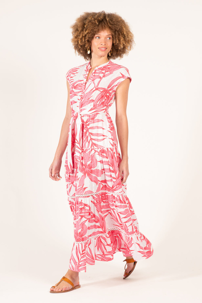 Poupette St Barth Long Dress Kora - Pink Palm Leaf outlook