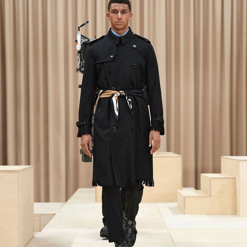 Scarf Detail Fringed Wool Twill Trench Coat 1