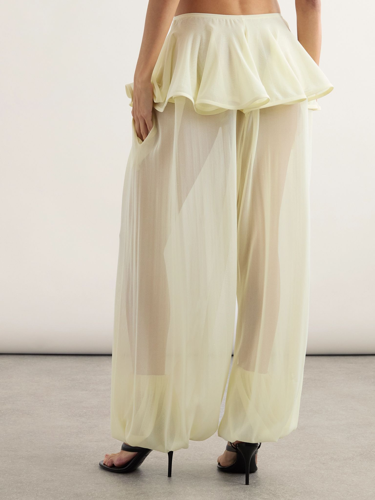 Pleated georgette peplum tapered pants Pastel yellow - 4